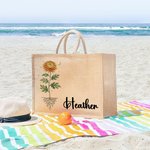 Personalised Birth Flower Reusable Jute Tote Bag with Name Birthday Mother's Day Wedding Gift for Mom Bridesmaid Friend