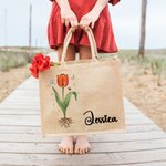 Personalised Birth Flower Reusable Jute Tote Bag with Name Birthday Mother's Day Wedding Gift for Mom Bridesmaid Friend