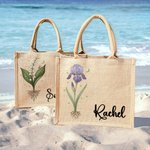 Personalised Birth Flower Reusable Jute Tote Bag with Name Birthday Mother's Day Wedding Gift for Mom Bridesmaid Friend