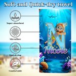 Personalised Cartoon Diving Character Initial Quick Dry Soft Oversized Beach Towel with Name Summer Vacation Beach Pool Party Birthday Gift for Kids
