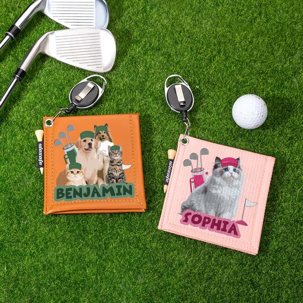 Personalized Cute Pet Photo PU Leather Absorbent Golf Ball Towel with Name and Retractable Clip Golf Accessories Birthday Gift for Golf Lovers