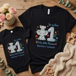 Set personalizzato con maglietta per adulti e body per neonati, 100% cotone, con nomi, cuori e animali - Regalo per festa della mamma per famiglia