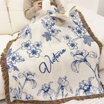 Personalized Retro Birth Flower Tassel Soft Throw Blanket with Name Mother's Day Birthday Gift for Grandma Mom