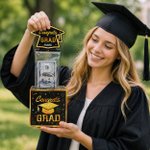 Personalized Graduation Cap Pattern Pull Out Money Holder Gift Box with Name and 30 Pcs Transparent Bags Graduation Gift for Graduates