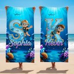 Personalizzato Cartoon Diving Character Initial Asciugatura rapida Asciugamano da spiaggia morbido e sovradimensionato con nome Vacanze estive in piscina Festa di compleanno per bambini