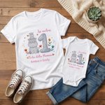 Set personalizzato con maglietta per adulti e body per neonati, 100% cotone, con nomi, cuori e animali - Regalo per festa della mamma per famiglia