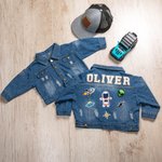 Personalisierte 1-7 niedlichen Element Hand Patch Kind lange Jeansjacke mit Namen täglichen Leben Outfit Geburtstag Baby Dusche Geschenk für Mädchen Jungen