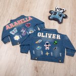 Personalisierte 1-7 niedlichen Element Hand Patch Kind lange Jeansjacke mit Namen täglichen Leben Outfit Geburtstag Baby Dusche Geschenk für Mädchen Jungen