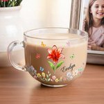 Personalised Crystal Birth Flower 16 oz Clear Glass Mug with Coaster and Name Birthday Mother's Day Gift for Mom Grandma
