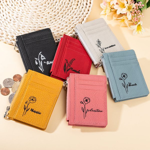 Gepersonaliseerde Geboortebloem PU Leren Portemonnee Draagbare Muntportemonnee met 8 Kaartsleuven Verjaardags Cadeau voor Haar