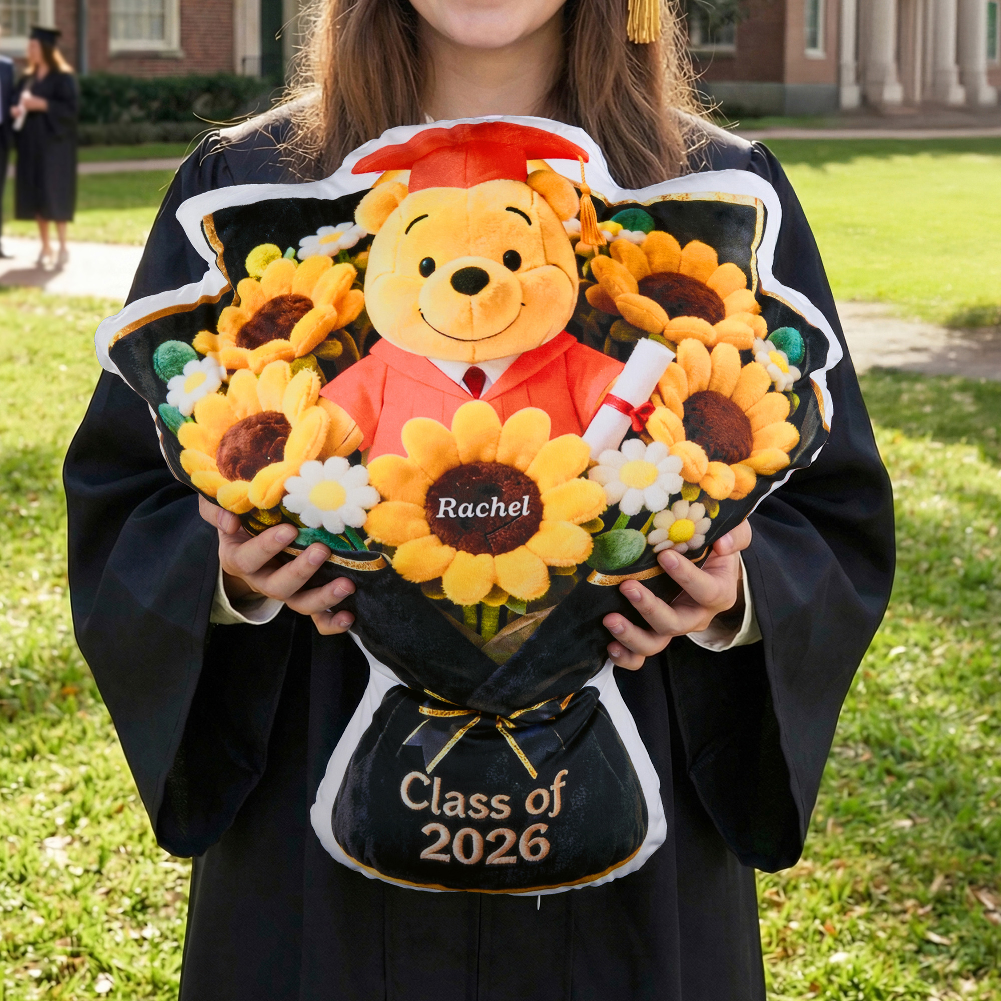 Personalized Graduation Plush Bear Flower Throw Pillow