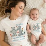 Set personalizzato con maglietta per adulti e body per neonati, 100% cotone, con nomi, cuori e animali - Regalo per festa della mamma per famiglia