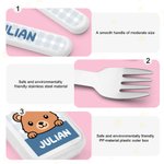 Henkilökohtainen Cartoon Eläimet Turvallinen Kannettava Haarukka Lusikka Veitsi 3 Pcs Ruokailuvälinesarja, jossa on asia ja nimi Takaisin kouluun Päivittäinen käyttö Syntymäpäivälahja lapsille