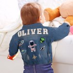 Personalisierte 1-7 niedlichen Element Hand Patch Kind lange Jeansjacke mit Namen täglichen Leben Outfit Geburtstag Baby Dusche Geschenk für Mädchen Jungen