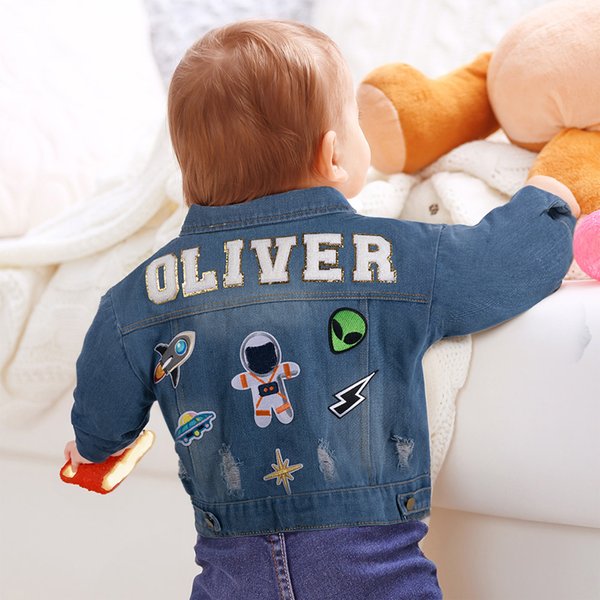 Personalised 1-7 Cute Element Hand Patch Kid Long Denim Jacket with Name Daily Life Outfit Birthday Baby Shower Gift for Girls Boys