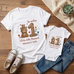 Set personalizzato con maglietta per adulti e body per neonati, 100% cotone, con nomi, cuori e animali - Regalo per festa della mamma per famiglia