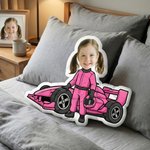 Personalized Cartoon Racing Car Funny Face Photo Human-Shaped Throw Pillow Home Decor Birthday Car Race Gift for Racing Lovers Kids