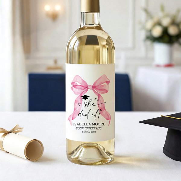 Personalized Bow She Did It Waterproof Wine Bottle Stickers Labels with Name Year Graduation Gift for Graduates