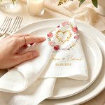 Personalised Watercolor Rings Eucalyptus Leaf Wreath Napkin with Name and Date Table Decor Wedding Anniversary Gift for Bride Newlywed