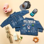 Personalisierte 1-7 niedlichen Element Hand Patch Kind lange Jeansjacke mit Namen täglichen Leben Outfit Geburtstag Baby Dusche Geschenk für Mädchen Jungen