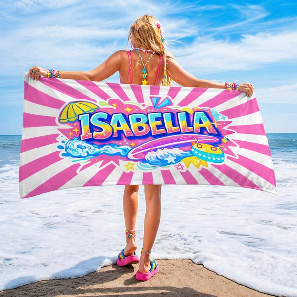 Gepersonaliseerde Multi-Color Doodle stijl sneldrogende oversized strandhanddoek met naam Seaside Vacation Beach Party Verjaardagscadeau voor vrienden familie