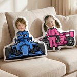 Personalized Cartoon Racing Car Funny Face Photo Human-Shaped Throw Pillow Home Decor Birthday Car Race Gift for Racing Lovers Kids