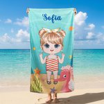 Personalized Cartoon Kid Character Marine Theme Oversized Quick Dry Beach Towel with Name Birthday Summer Vacation Accessories Gift for Boys Girls