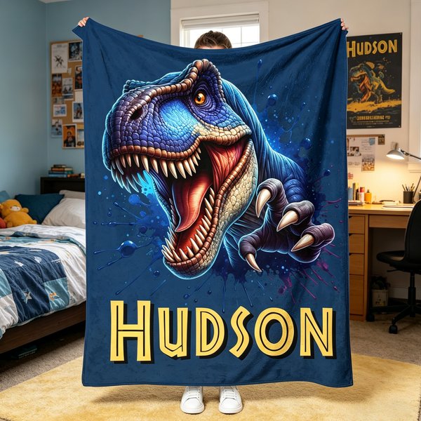 Personalised Dinosaur Throw Blanket with Name | Soft Cozy Fleece for Kids, Boys & Girls | Unique Birthday, Holiday & Dinosaur Lover Gift
