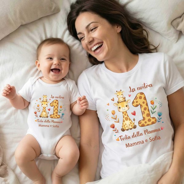 Set personalizzato con maglietta per adulti e body per neonati, 100% cotone, con nomi, cuori e animali - Regalo per festa della mamma per famiglia