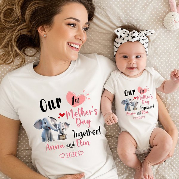 Gepersonaliseerd Babyrompertje en T-shirt voor Volwassenen van 100% Katoen met Schattige Olifantendesign en Naam Cadeau voor Mama en Pasgeboren Baby