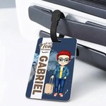 Etiqueta de equipaje personalizada con personaje de dibujos animados y nombre accesorio de viaje regalo de cumpleaños para amantes de los viajes