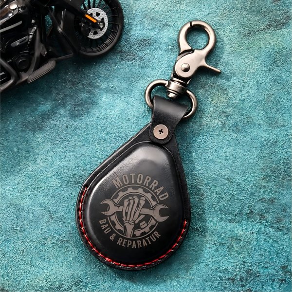 Personalisierte Funkschlüssel-Hülle aus Echtleder | Logo- und Textgravur | Schlüsselanhänger | Geburtstag Vatertag Geschenk für Motorradfahrer Biker