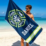 Personalized Firefighting Element Oversized Quick Dry Beach Towel with Name Beach Travel Essentials Father's Day Birthday Gift for Firefighter Dad
