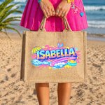 Personalisierte Meer Welle Surfbrett bunten Namen Design große Jute Tote Tasche täglichen Gebrauch Reise Strand Urlaub Geschenk für Frauen Mädchen