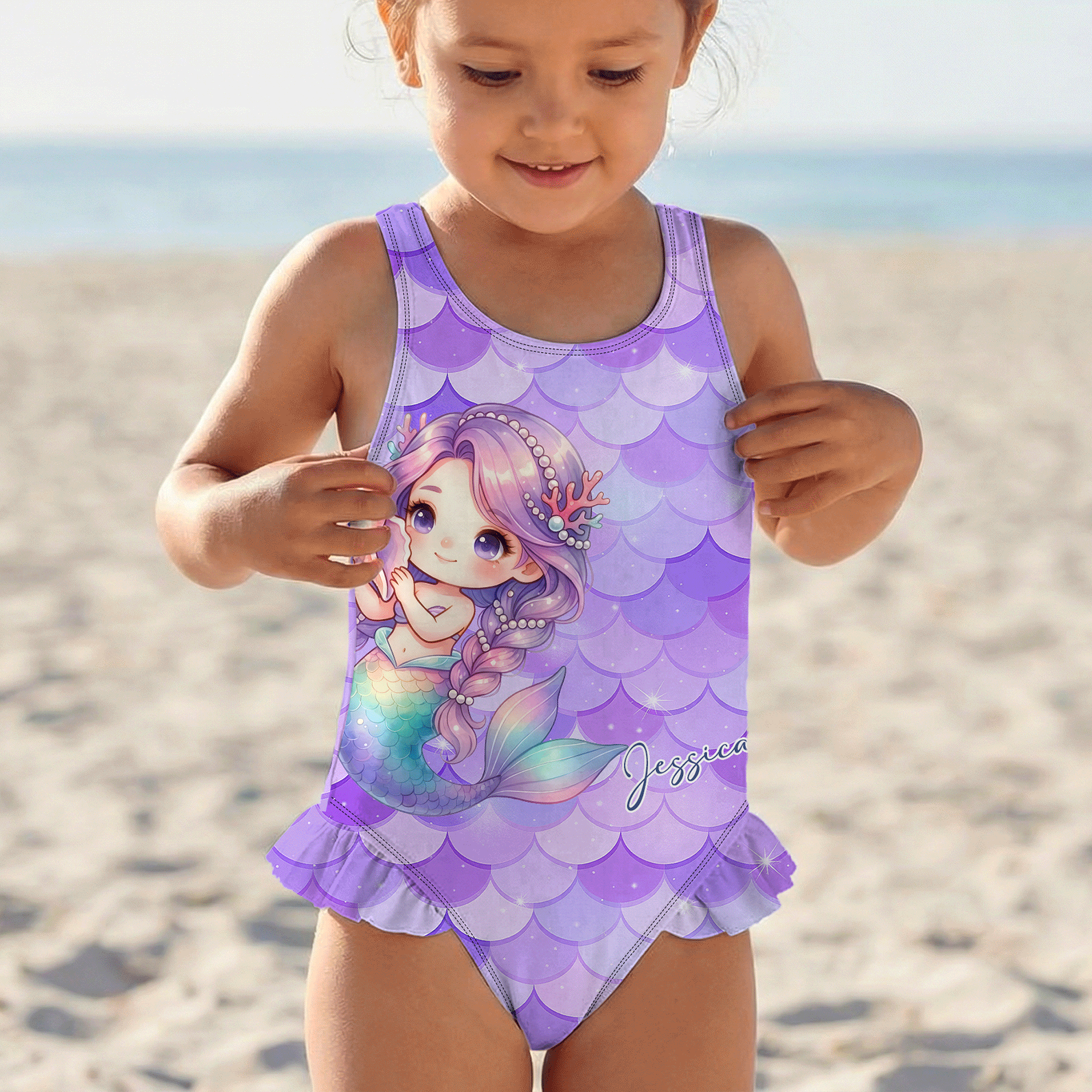 Personlig tegneserie havfrueskalaer badedrakt i ett stykke med navn badeutstyr sommerbursdagsgave til jenter