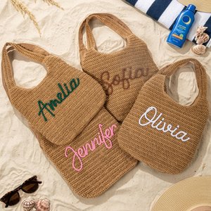 Personalized Multicolor Name Crochet Raffia Tote Bag Beach Vacation Bachelorette Party Birthday Gift for Her