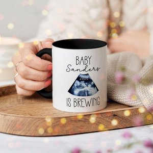 Personalised Baby Is Brewing Ultrasound Photo Ceramic Mug with Name Pregnancy Announcement Gender Reveal Party Gift for Expecting Parents
