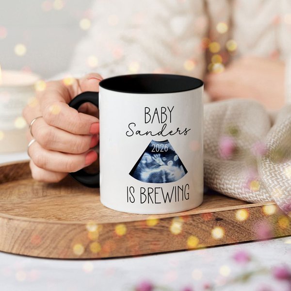 Personalised Baby Is Brewing Ultrasound Photo Ceramic Mug with Name Pregnancy Announcement Gender Reveal Party Gift for Expecting Parents