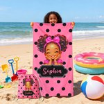 Personlig Polka Dots Cute Cartoon Little Girl 2 i 1 sammenleggbart hurtigtørkende badehåndkle og veske med navn reise bursdagsgave til svarte jenter