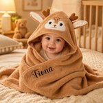 Personalised Cute Moose Animal Hooded Embroidered Soft Throw Blanket with with Name Daily Use Birthday Baby Shower Gift for New Moms Babies