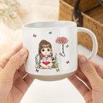 Personalized Cartoon Reading Character Birth Flower Ceramic Mug with Name Birthday Book Club Gift for Book Lovers Bookworms