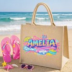 Personalisierte Meer Welle Surfbrett bunten Namen Design große Jute Tote Tasche täglichen Gebrauch Reise Strand Urlaub Geschenk für Frauen Mädchen