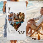 Personalized 6 Photos Heart Collage Quick Dry Soft Oversized Beach Towel with Names and Date Beach Party Birthday Gift for Couple Family