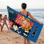 Personalized Cartoon Character Quick-Dry Beach Towel with Name Number and Drawstring Bag Beach Party Birthday Gift for Basketball Lover Friend