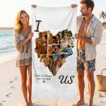 Personalized 6 Photos Heart Collage Quick Dry Soft Oversized Beach Towel with Names and Date Beach Party Birthday Gift for Couple Family