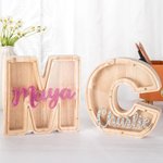 Gepersonaliseerd Houten Spaarvarken in Lettervorm met Transparant Venster en Naam Kerst- en Verjaardagscadeau Educatief Cadeau voor Kinderen