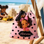 Personlig Polka Dots Cute Cartoon Little Girl 2 i 1 sammenleggbart hurtigtørkende badehåndkle og veske med navn reise bursdagsgave til svarte jenter