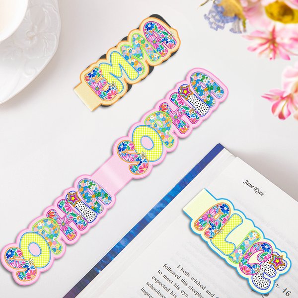 Personalised Bright Floral Doodle Name Magnetic Bookmark Clips with Card Birthday Back to School Gift for Book Lovers Readers