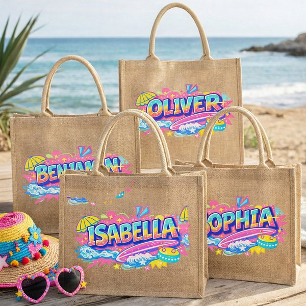 Personalizzato mare onda Surfboard colorato nome design grande iuta Tote Bag uso quotidiano viaggio spiaggia vacanza regalo per le donne ragazze