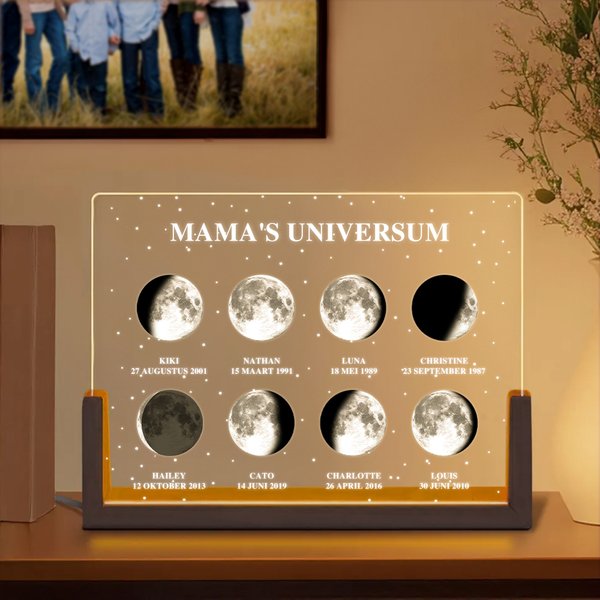 Gepersonaliseerd Acryl LED Maanfase Nachtlampje met Houten Voetstuk met Naam en Datum Bureaudecoratie Verjaardagscadeau voor Familie en Vrienden